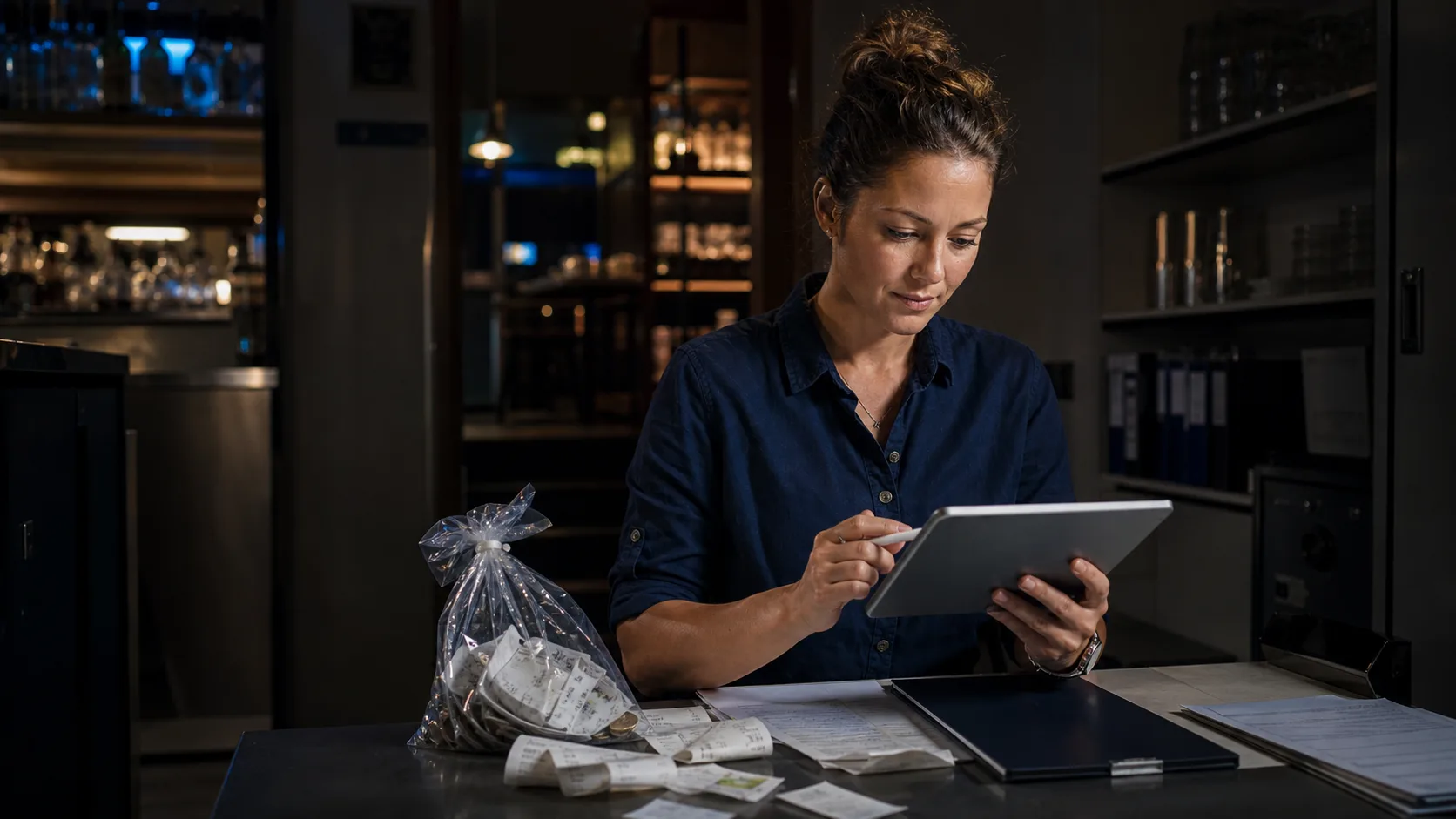 Hospitality finance professional reviewing reconciliation evidence after trade
