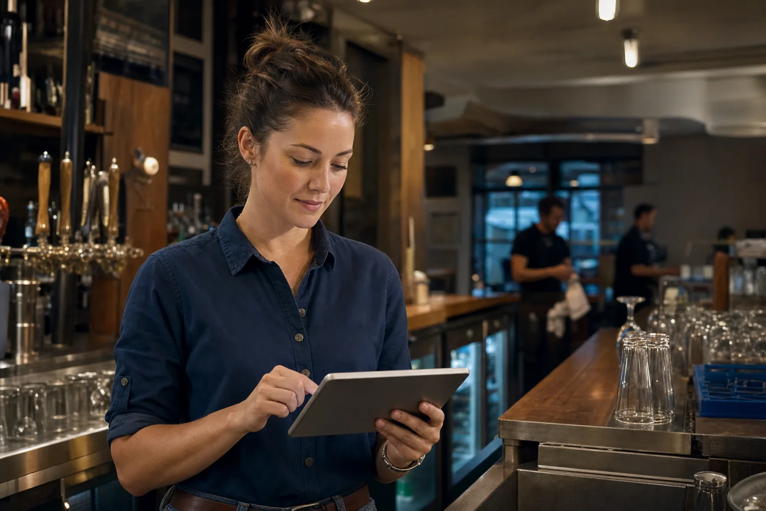 Venue manager using a tablet in a hospitality venue
